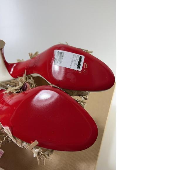 Meroine 85mm raffia Tan Woven fringe heels mules D980 - Picture 9 of 11